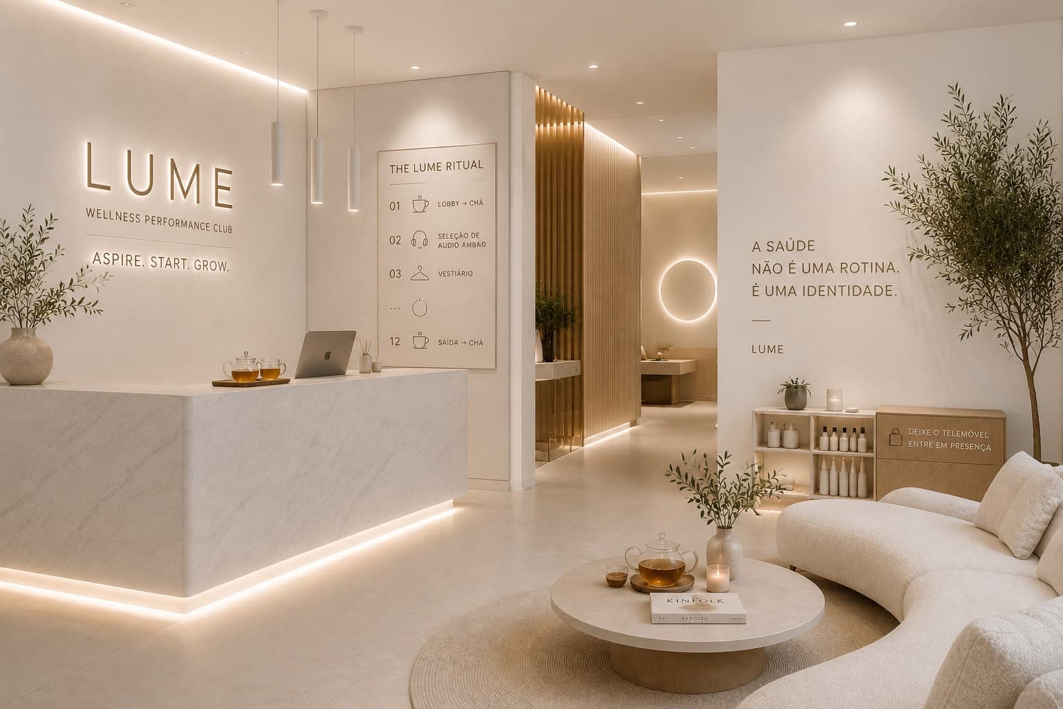 Receção do LUME Wellness Performance Club, com o ritual de boas-vindas e ambiente em tons quentes